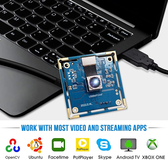 Autofocus USB Camera 8MP 4K Camera Module with 72° Distortion Free Lens,Plug and Play UVC USB2.0 for PC Computer,Compatible with Windows Linux,Ideal for Industrial Security Video Surveillance
