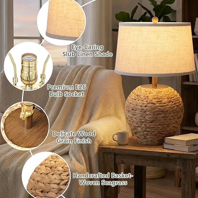 TOBUSA 25’’ Rattan Table Lamp for Living Room, Coastal Boho Wicker Lamp with 3 Color Temperatures, Farmhouse Rustic Seagrass Woven Basket Lamp for Bedroom Nightstand End Table Cottage, Bulb Included