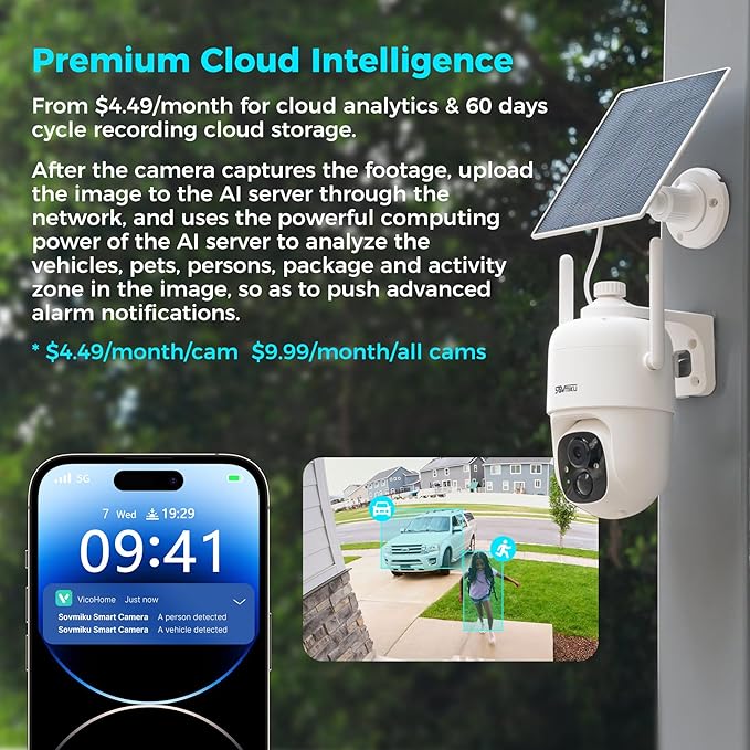 Vicohome 2CQ1 AI 2K Solar Security Camera Wireless Outdoor, Battery Powered,Two Way Audio,Motion Detection, 360° View,Easy to Setup,Color Night Vision,Audible Flashlight Siren,180 Days Exchange Policy