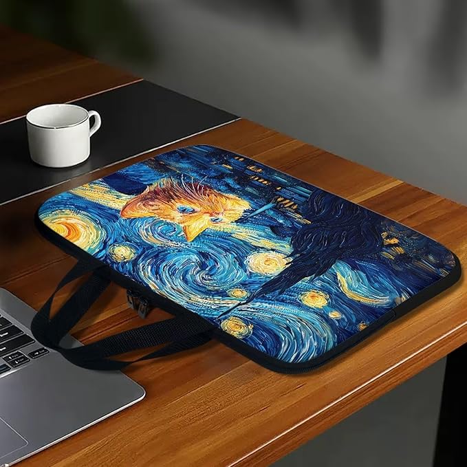 12 Inch Starry Night Cat Laptop Sleeve Tablet Protector Case with Handle, Men Women Zipper Computer Bag Carrying Case Notebook Cover Messenger Briefcase for Travel/Office/Work