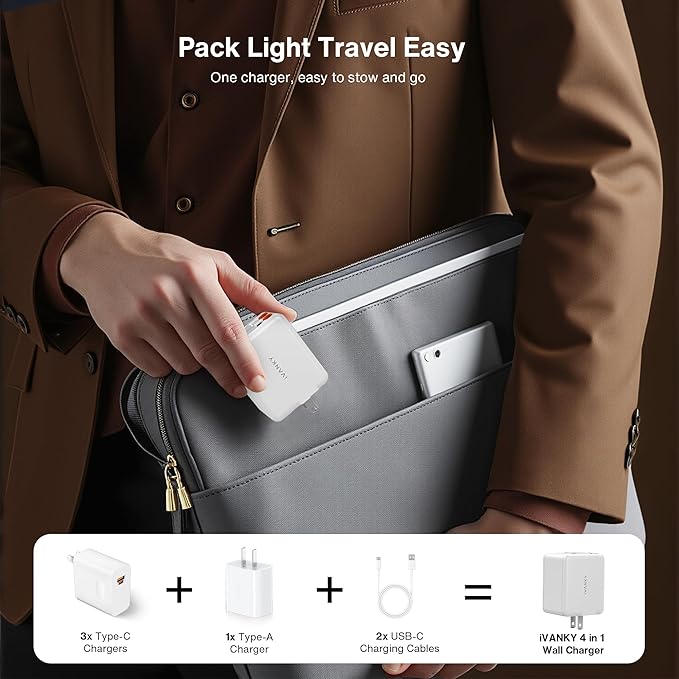 iVANKY Smallest 4-in-1 Retractable GaN Wall Charger for iPhone 17 Air, 45W USB C Charger Block with Dual USB C Cables, Fast Charging Samsung, 4-Port Adapter for 16/15/14 Pro Max, MacBook Neo
