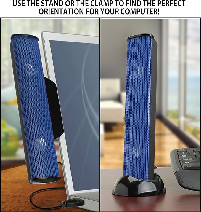 GOgroove SonaVERSE USB Speakers for Laptop Computer - USB Powered Mini Sound Bar with Clip-On Portable External Speaker Design for Monitor, One Cable for Digital Audio Input and Power (Blue)