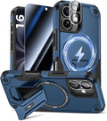 Goton for iPhone 16 Case with Privacy Tempered Glass Screen Protector & Camera Lens Protector, Compatible with MagSafe, Invisible Kickstand, Shockproof Phone Cover for iPhone16, Blue