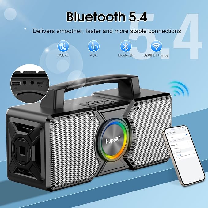 Hupoaf Speakers Bluetooth Wireless,160W Max Loud Bass Outdoor Speaker, IPX7 Waterproof, Boombox Sound, All Day Battery, Wireless TWS Pairing Speaks Portable for Party, Outsides, Beach,Garage