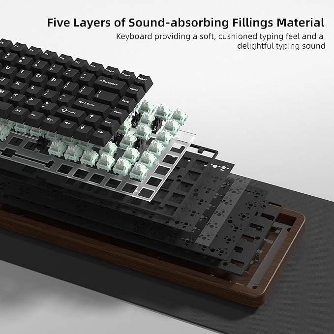 Womier 75% Mechanical Keyboard Wireless with Wood Natural, WD75 V2 QMK/VIA Gaming Creamy Keyboard 8000mAh Battery, Tri-Mode Key Board RGB Hot Swappable with PBT Keycaps-POM Linear Switch,Black