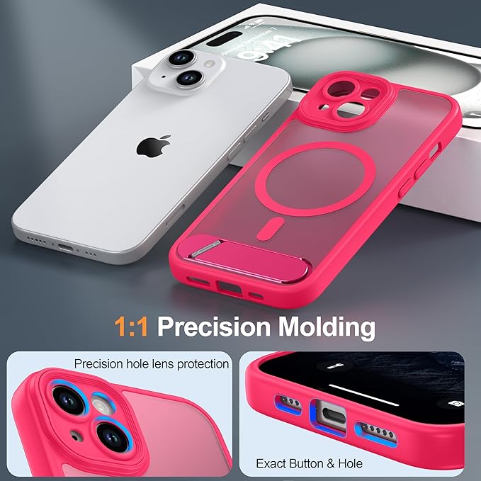 Magnetic Compatible with iPhone 15 Case, [Built-in Invisible Kickstand][Compatible with MagSafe][Full Camera Protection] Translucent Matte Phone Case for iPhone 15 6.1" Hot Pink