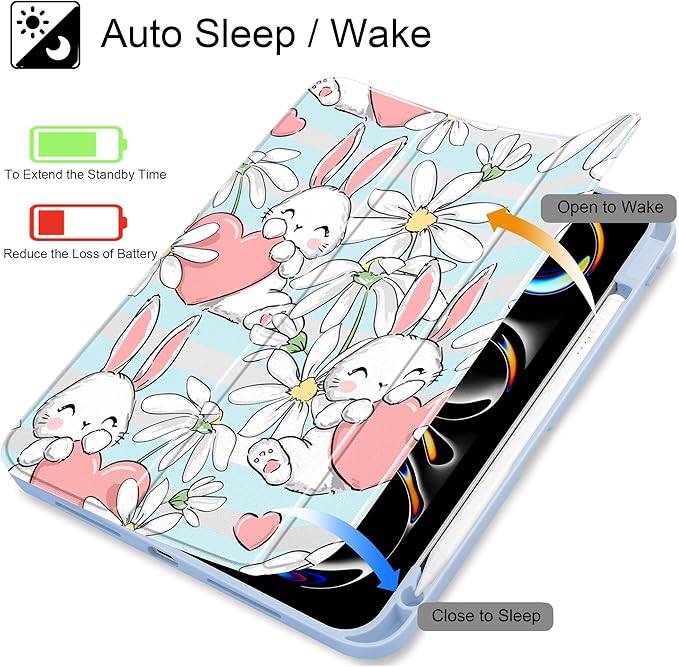May Chen Case for iPad Pro 11-Inch M5/M4 2025/2024 (6th/5th Generation), [Penceil Holder] Trifold Stand Auto Wake/Sleep Clear TPU Protection Back Cover, Heart Rabbits