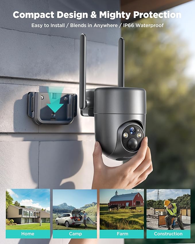 LIWAN 4G LTE Cellular Security Camera, No WiFi Security Camera Wireless Outdoor with SIM Card, Solar Powered, 2K Color Night Vision, 360° View, PIR Sensor, Off Grid Cameras for Farm, Cabin, Job Site