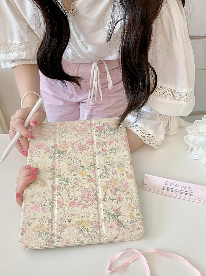 Adjustable Stand Hard PU Clear Back Folio Case for Apple Flowers Floral Pattern Refreshing Classic Vintage Pretty Chic Cute Lovely Girls Women (for iPad Pro M5 8 (8th Generation 2025) 13-Inch)