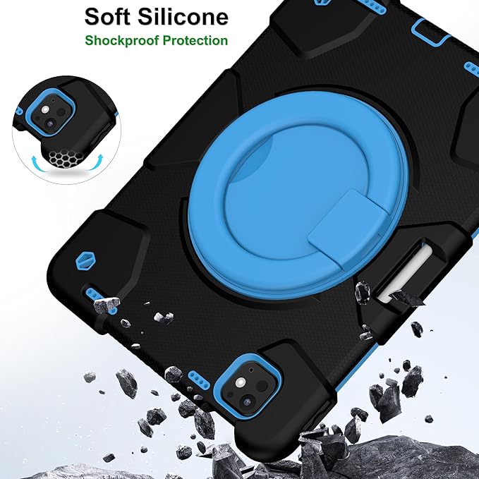 Andnary Case for iPad Pro 11 Inch M4 2024/M5 2025 Case, Heavy Duty Shockproof Cover with Screen Protector/360° Rotate Stand/Shoulder Strap/Pencil Holde (Black+Blue, iPad Pro M4/M5 11 inch)