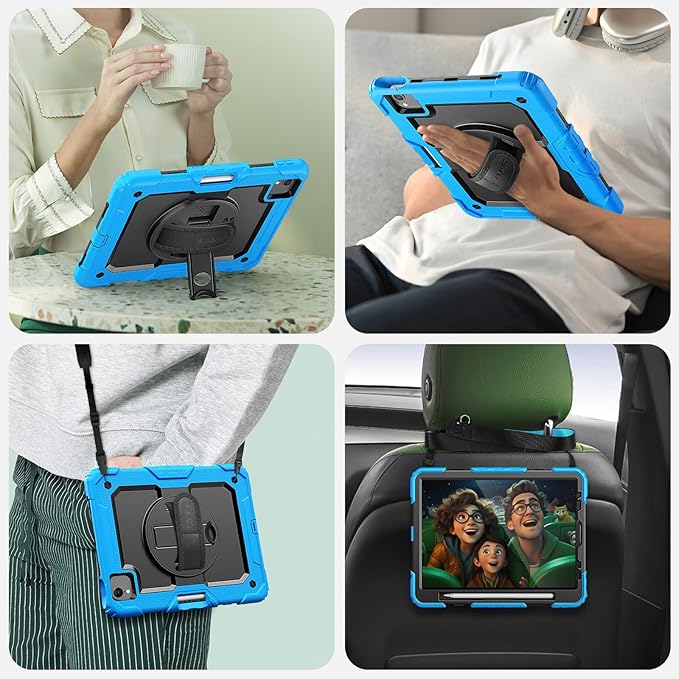 SEYMAC Case for iPad Air 5th/ 4th Generation 10.9", Full-Body Shockproof Protective Case with Screen Protector, Rotating Stand/Handle/Shoulder Strap/Pencil Holder for iPad Air 5/ Air 4, Sky Blue