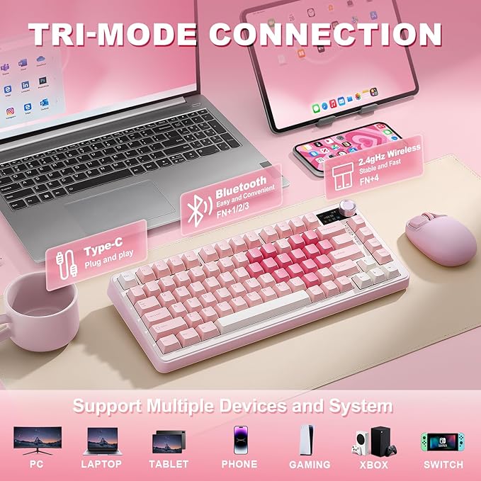 YUNZII B75 PRO MAX QMK/VIA Wireless Mechanical Keyboard,75% Layout with Screen and Knob,Custom Hot Swap Gasket,Creamy Pre-lubed Switches,Bluetooth/Type-C/2.4G for Win/Mac (Pink Heart,Candy Switch)