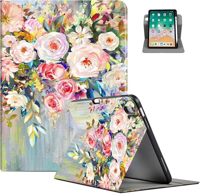 for iPad (A16) 11Th/10Th Generation Case 2025/2022, for iPad A16 Case 11th/10Th Generation 360 Degree Rotating Pencil Holder, Auto Wake/Sleep 4 Viewing Angles Slim Cover, Oil Painting Flowers