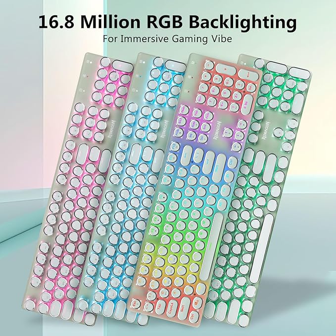 Redragon K710 Wireless Typewriter Mechanical Gaming Keyboard, Bluetooth/2.4Ghz/Wired, RGB Led Backlit, Blue Switch - Clicky, Rechargeable, Solid Metal Panel, Round Keycaps, Green