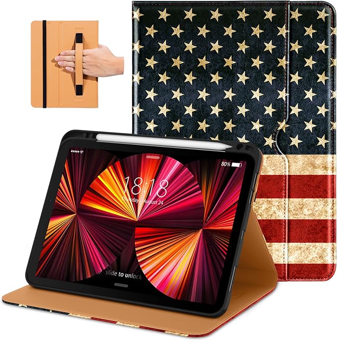 DTTO Case for iPad Pro 11 Inch 4th / 3rd / 2nd / 1st Generation 2022/2021/2020/2018,Premium PU Leather Folio Stand Cover with Hand Strap, Auto Wake/Sleep,Multiple Viewing Angles, US Flag