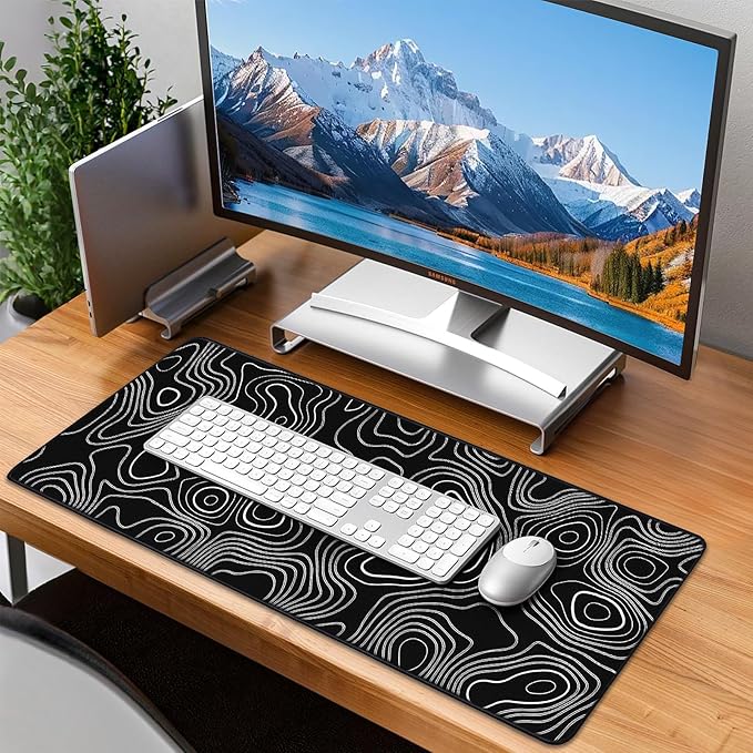 Mouse Pad Gaming - Desk Mat for Keyboard and Mouse - Large Mouse Pads for Desk, Black Topographic Gaming Mousepad with Non-Slip Base, Desks Pad (31.5" X 11.8") for Game, Office and Home