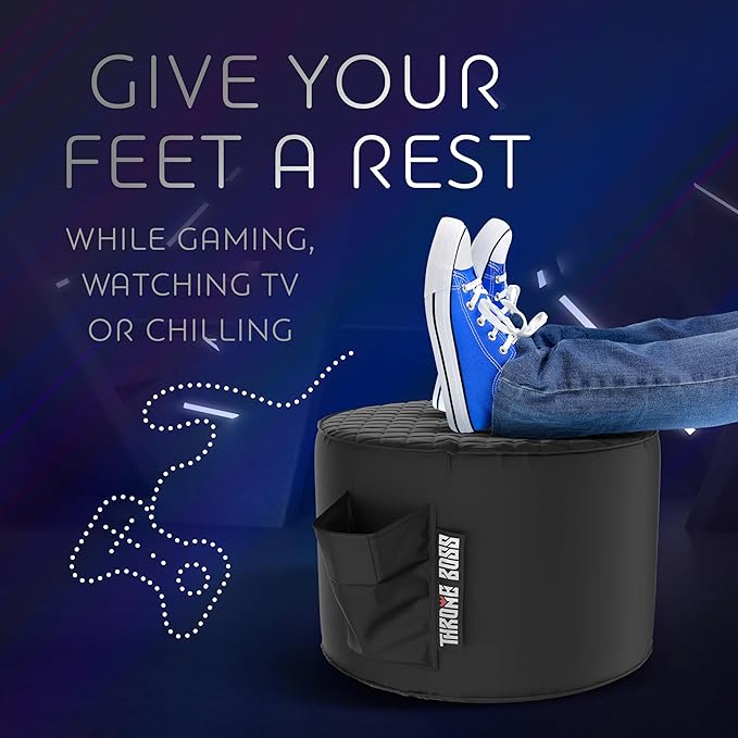 Throne Boss Gaming Footstool - Cover ONLY No Filling - Matching Bean Bag Chair Pouf/Ottoman - Round Gamer Foot Stool Footrest with Drink Holder (Black)