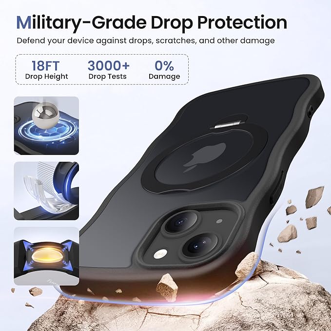 CAPRARO for iPhone 13 Case & iPhone 14 Case with 360° Spin Magnetic Stand for Women, [Compatible with MagSafe] [Camera Protection] Cute Wave Translucent Matte Case for iPhone 13/14, Black