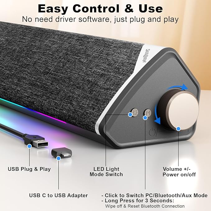 SOULION Computer Speakers, USB-Powered Bluetooth PC Soundbar with Dynamic RGB LED Lights, Surround Sound for Desktop, Laptop, Office, Work, Music & Gaming, Black (USB-C to USB Adapter Included)