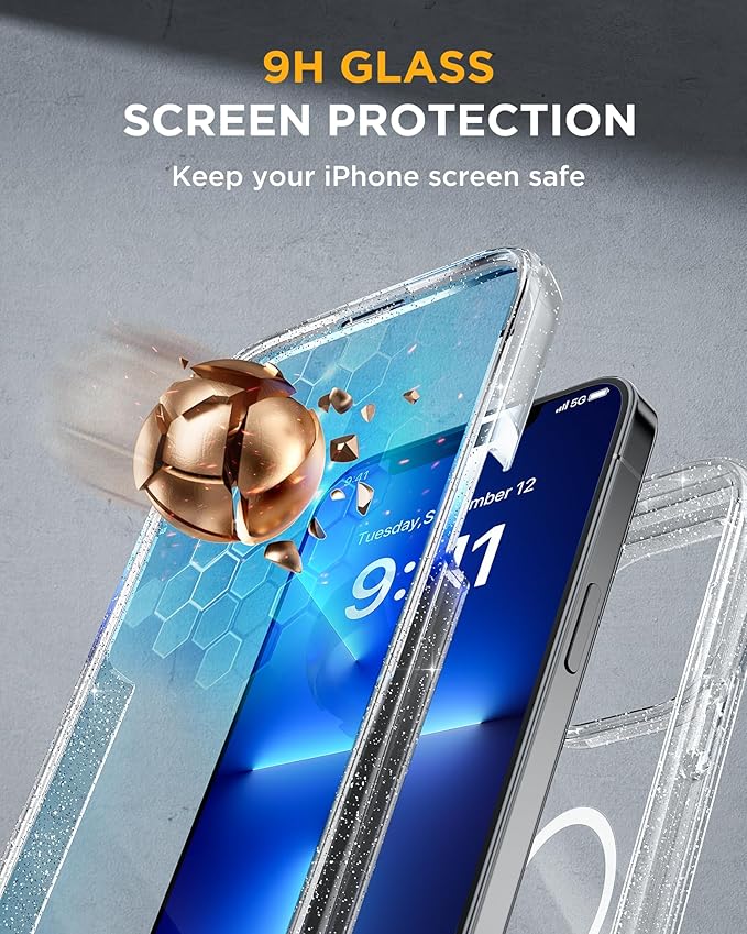 Miracase Magnetic for iPhone 13 Pro Max Case 6.7 inch, (Compatible with MagSafe) Upgrade Full-Body Clear Phone Bumper Case with Built-in 9H Tempered Glass Screen Protector, Magnetic Glitter Clear