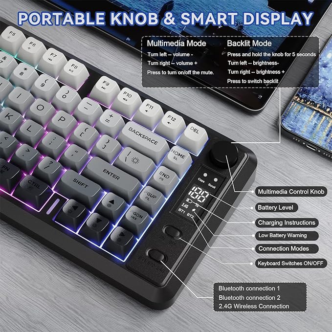 ZIYOU LANG M75 Wireless Gaming Keyboard, RGB Backlit Rechargeable 2000mAh Battery, Small Membrane But Mechanical Feel Keyboard with Smart Display & Knob, PBT Gradient keycaps for PC, MAC-Moonlit Night