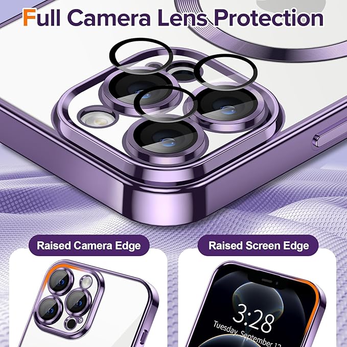 Hython Magnetic Clear for iPhone 12 Pro Max Case with Camera Lens Protector [Compatible with MagSafe] Plating Edge Slim Soft TPU Cover Protective Phone Case for iPhone 12 Pro Max 6.7", Deep Purple