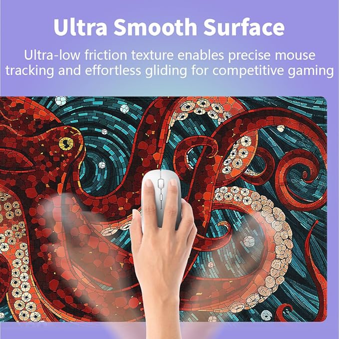 Large Gaming Mouse Pad (31.5" x 15.8")- Abstract Red Octopus Painting Art Cool Sea Monster Blue Ocean, Extra XXL Extended Office Accessories, Premium Stitched Anti-Slip Desk Mat