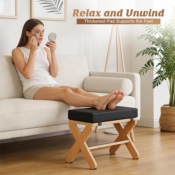 Wood X-Legs Foot Stool Ottoman, Multi-Purpose Small Ottoman with Pebble Massage Surface and Non-Slip Foot Pads，Sturdy Solid Wood Frame Padded Seat Footrest for Office，Living Room & Bedroom