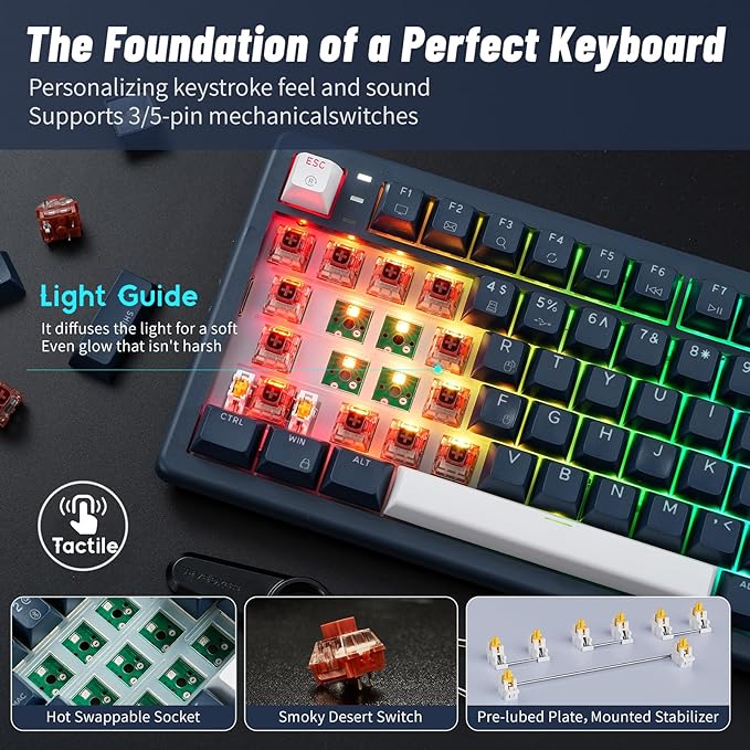 Hexgears E4Pro Wireless Creamy Mechanical Keyboard with Number Pad, Hot Swappable Custom Keyboard with Wrist Rest,Pre-lubed Tactile Switches,Gasket Structure,RGB Backlit Gaming Keyboard (Dark Blue)