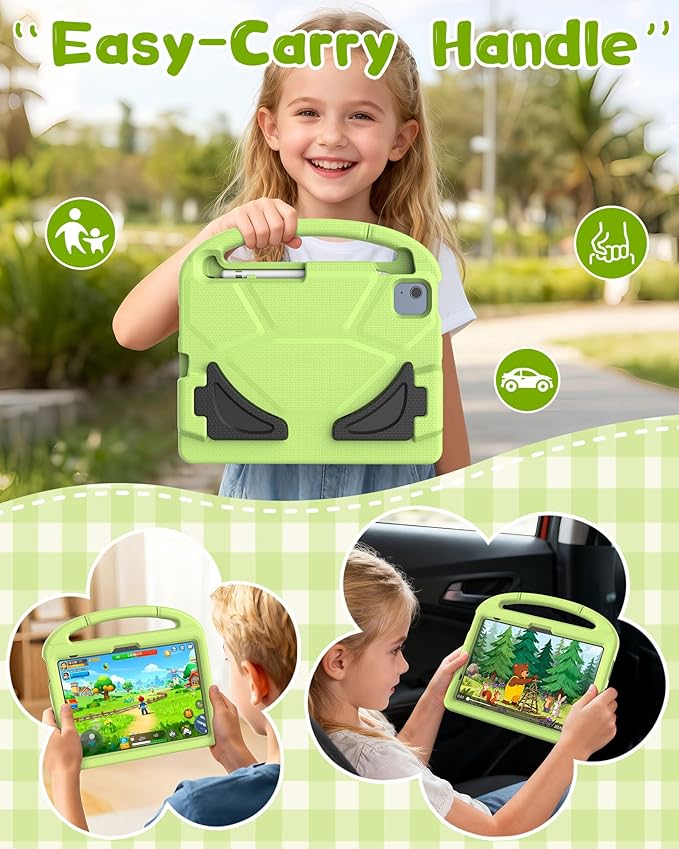Kids Case for iPad A16 11th Gen 11-Inch 2025 & iPad 10th Generation (10.9" 2022), Durable Shockproof Fully-Body Cover with Screen Protector/Pencil Holder/Stand/Handle for Kids, Light Green