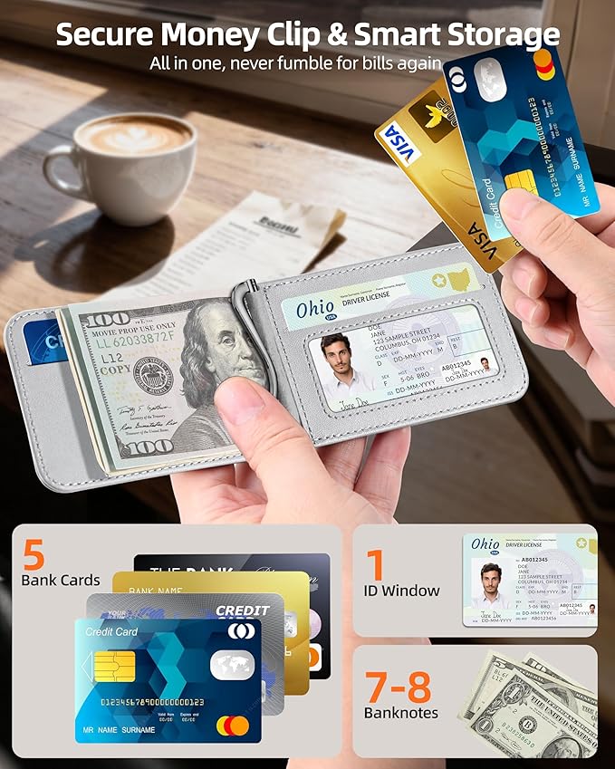 For Magsafe Wallet with Money Clip, Strongest Magnetic Wallet for iPhone 17/16/15/14/13/12 Series, Adjustable Stand, ID Window, 5 Card Holder, RFID Blocking, Not for 13/12 Mini, Black, Light Gray
