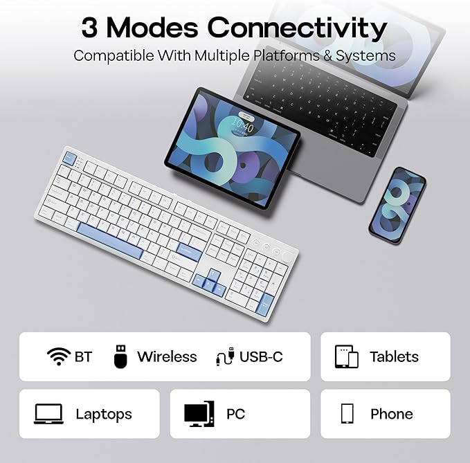 MechLands Vibe108 Full Size Mechanical Keyboard with Knob & Multimedia Buttons, Wireless Gaming Keyboard with 10000mAh Battery, RGB Backlits, 104 Keys Hot Swappable, Custom Driver (Vela Silent Switch)
