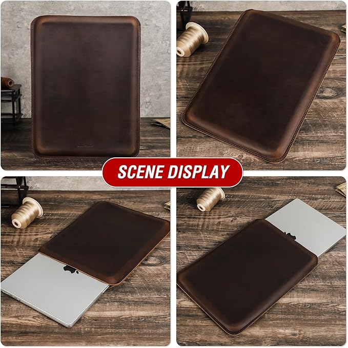 Top Grain Leather 14.2" PC Sleeve Case, Vintage Fit Design, Handmade, Compatible with MacBook Pro 14" 2021 M1 A2442 & Old Versioned 13-13.3 Inch MacBook Pro/Air, Coffee 14.2 Inch