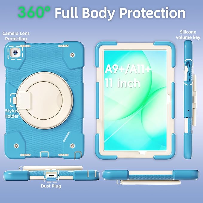 Andnary Case for Samsung Galaxy Tab A11+ Plus/A9+ 11 Inch 2025/2023, Tablet Case for Samsung Galaxy A9 Plus/A11+ with Screen Protector/360° Rotating Stand/Pen Holder/Shoulder Strap (Blue)