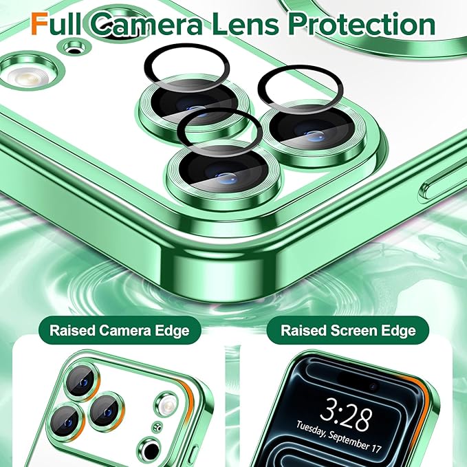 Hython Magnetic Clear for iPhone 17 Pro Case with Camera Lens Protector [Compatible with MagSafe] Luxury Plating Edge Slim Soft TPU Cover Protective Phone Case for iPhone 17 Pro 6.3", Light Green