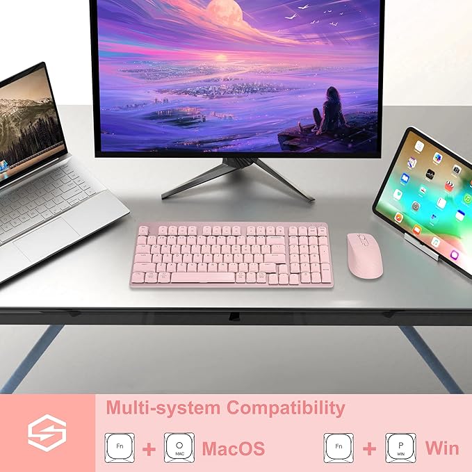 LeadsaiL Wireless Keyboard and Mouse Combo, 2.4Ghz Cordless Mechanical Keyboard and Silent Mouse for Business, Low-Profile Red Switch, 98-Key Compact Slim Keyboard for Windows/MacOS PC Laptop - Pink