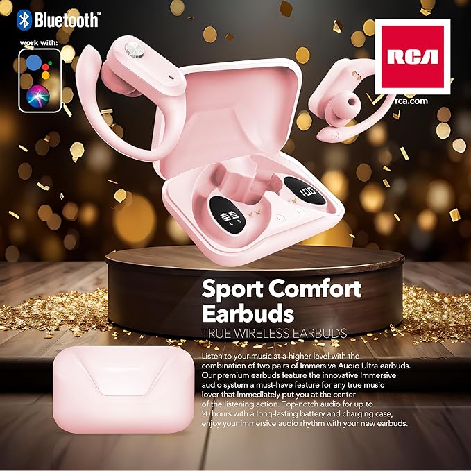 RCA Wireless Earbuds Bluetooth 5.3 Headphones Sport Sweat Resistant Sports Earphones with Earhooks,48H Playtime,Lightweight 7.8g,Fast Charging Case,Noise Cancelling Mic for Running Gym Workout-Pink