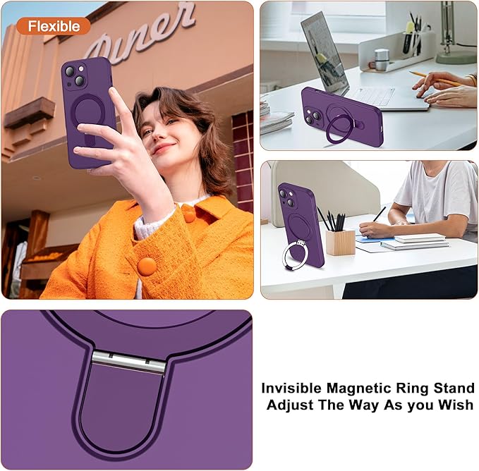 Compatible with iPhone 14 Case with Magnetic Ring Stand [Compatible with Mag-Safe] [Full Camera Lens Protector] Soft Plating Phone Case for iPhone 14 6.1", Solid Purple