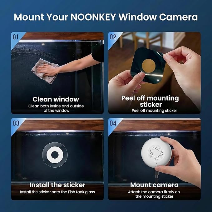 Noonkey Indoor Window Mount Security Pet Camera, 3MP 2K HD Monitor for Aquarium Reptile Bird Feeder, 5GHz/2.4GHz WiFi, Color Night Vision, Motion Alarm, 2-Way Audio, 24/7 Recording, Works with Alexa