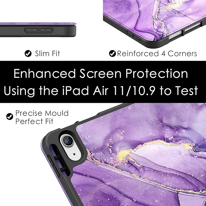 Soke Case for New iPad Air 11 Inch (M4/M3/M2, 2026-2024), iPad Air 5th/4th Generation 10.9 Inch (2020-2022) with Pencil Holder, Soft TPU Back Cover & Auto Sleep/Wake, Purple Marble