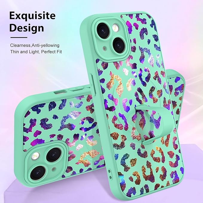 KANGHAR Compatible with iPhone 15 Case, Support for MagSafe, Silicone Cute Iridescent Leopard Cheetah Pattern, Wristband Kickstand Shockproof Protective Slim Cover for Women Girls, Green