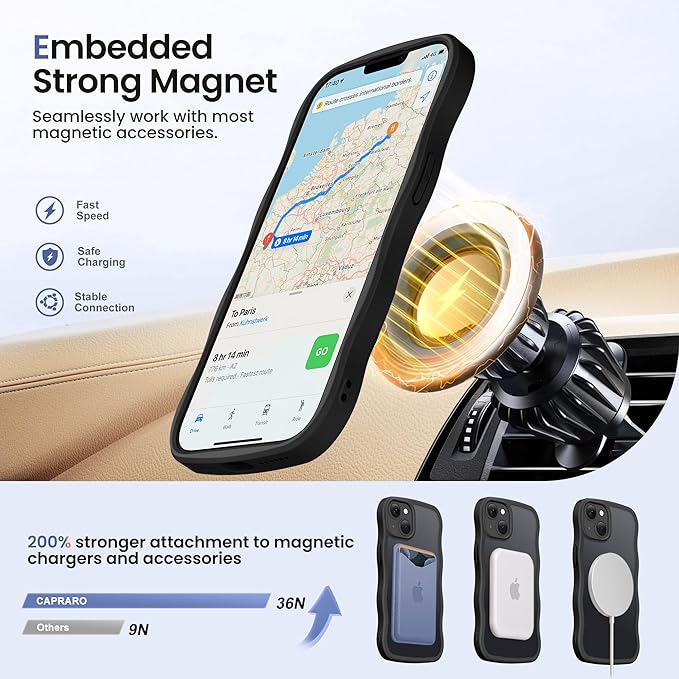 CAPRARO for iPhone 13 Case & iPhone 14 Case with 360° Spin Magnetic Stand for Women, [Compatible with MagSafe] [Camera Protection] Cute Wave Translucent Matte Case for iPhone 13/14, Black