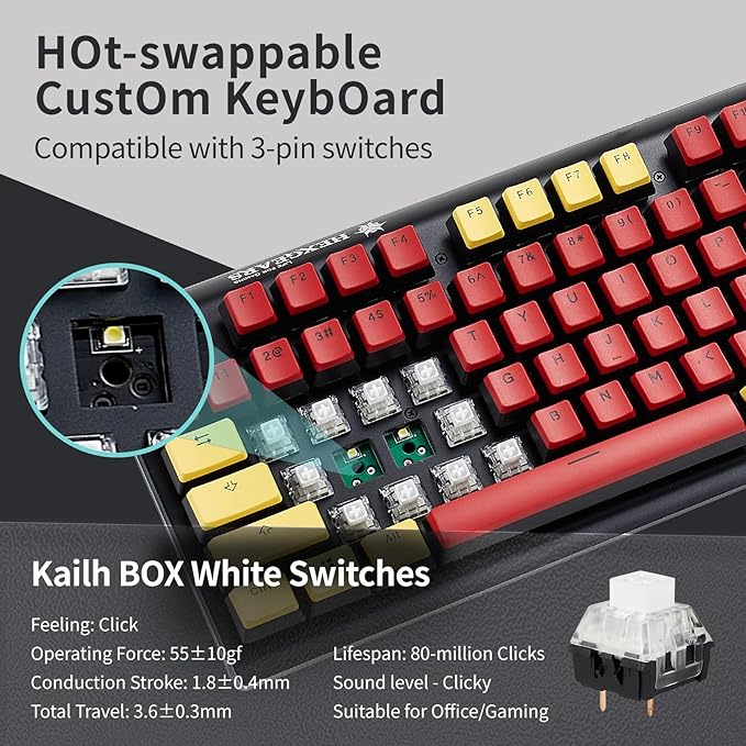 Hexgears GK735 Wired Mechanical Gaming Keyboard, Hot-Swappable Full-Size Keyboard with White Backlit + Surround Side Light Strip, Aluminum Finish, Kailh Clicky Switches (Red-Yellow)