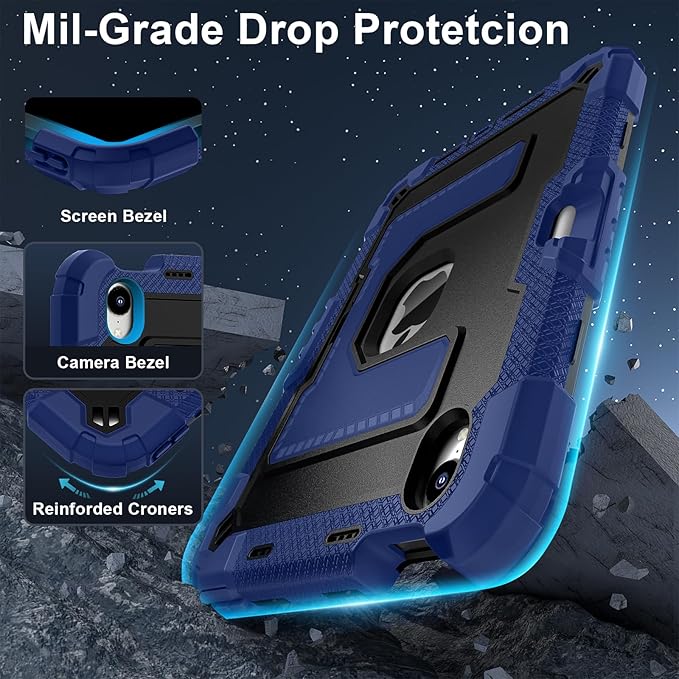 Kids Friendly Case for Apple iPad mini 7 A17 Pro 2024/iPad Mini 6 2021 8.3 Inch 7th/6th Gen Case with Pencil Holder & Shoulder Strap, Shockproof Kickstand Hard Shell Protective Cover,Blue+Black