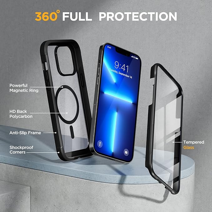 Miracase Magnetic for iPhone 13 Pro Max Case 6.7 inch, (Compatible with MagSafe) Upgrade Full-Body Clear Phone Bumper Case with Built-in 9H Tempered Glass Screen Protector, Magnetic Classic Black