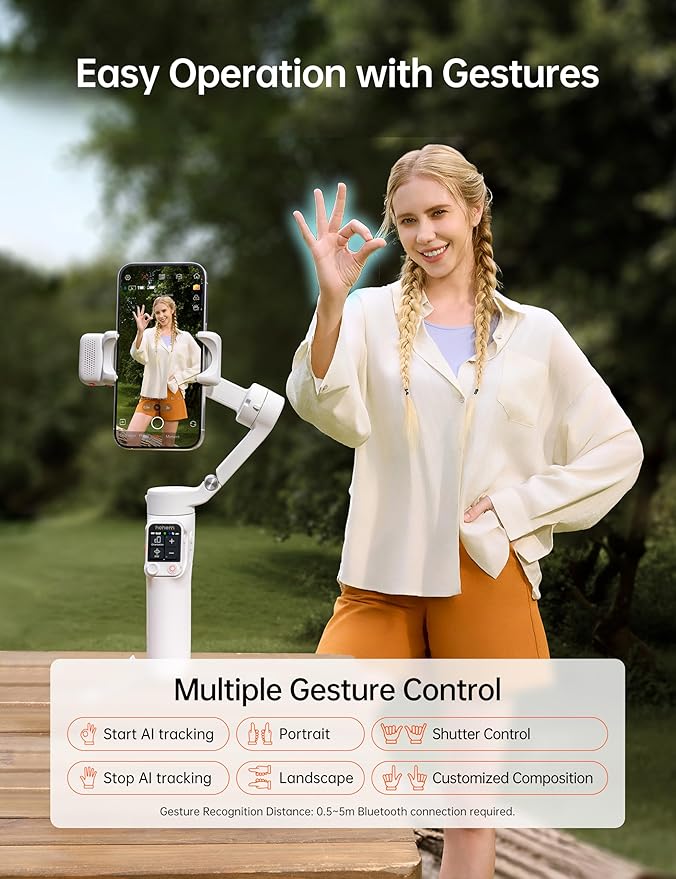 Hohem iSteady V3 Ultra Gimbal Stabilizer for Smartphone, AI Tracking Phone Gimbal, 1.22" Touchscreen Detachable Remote Control, Built-in Extension Rod & Tripod, 360° Infinite Pan, Vlog Filming, White