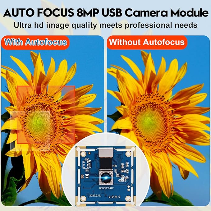 Autofocus USB Camera 8MP 4K Camera Module with 72° Distortion Free Lens,Plug and Play UVC USB2.0 for PC Computer,Compatible with Windows Linux,Ideal for Industrial Security Video Surveillance