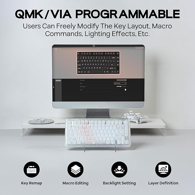 KiiBoom Jade75 75% Resin Molding Mechanical Keyboard, BT5.0/USB-C/2.4GHz Wireless Gaming Keyboard, QMK&VIA Programmable, RGB Backlits, Hot-Swappable, CNC+UV Case for Windows/Mac/Linux (White)
