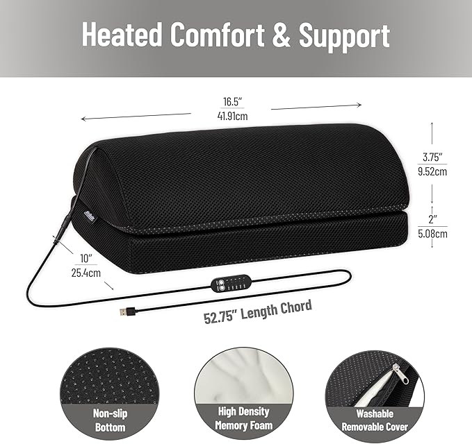 Mind Reader Heated Memory Foam Footrest, Under Desk Ergonomic Support with 4 Heat Settings, Timer & Auto Shut-Off, Adjustable Height, Black