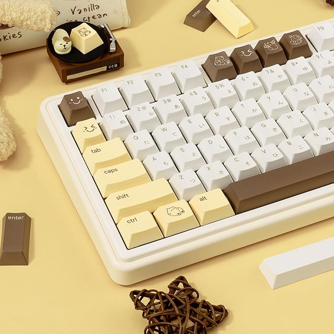 Minimalist Yellow PBT Keycaps 134Keys - Custom Cute Japanese Keycap Cherry Profile Dye Sublimation - Brown Bear Key caps for Cherry MX, Outemu, Gateron Mechanical Keyboards